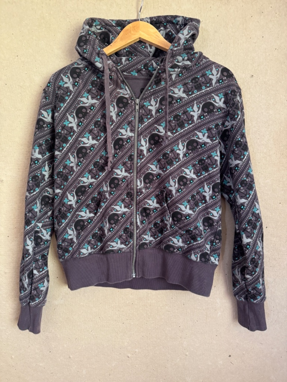 Loungefly Hoodie with Skulls,Birds and Anchors Pattern
